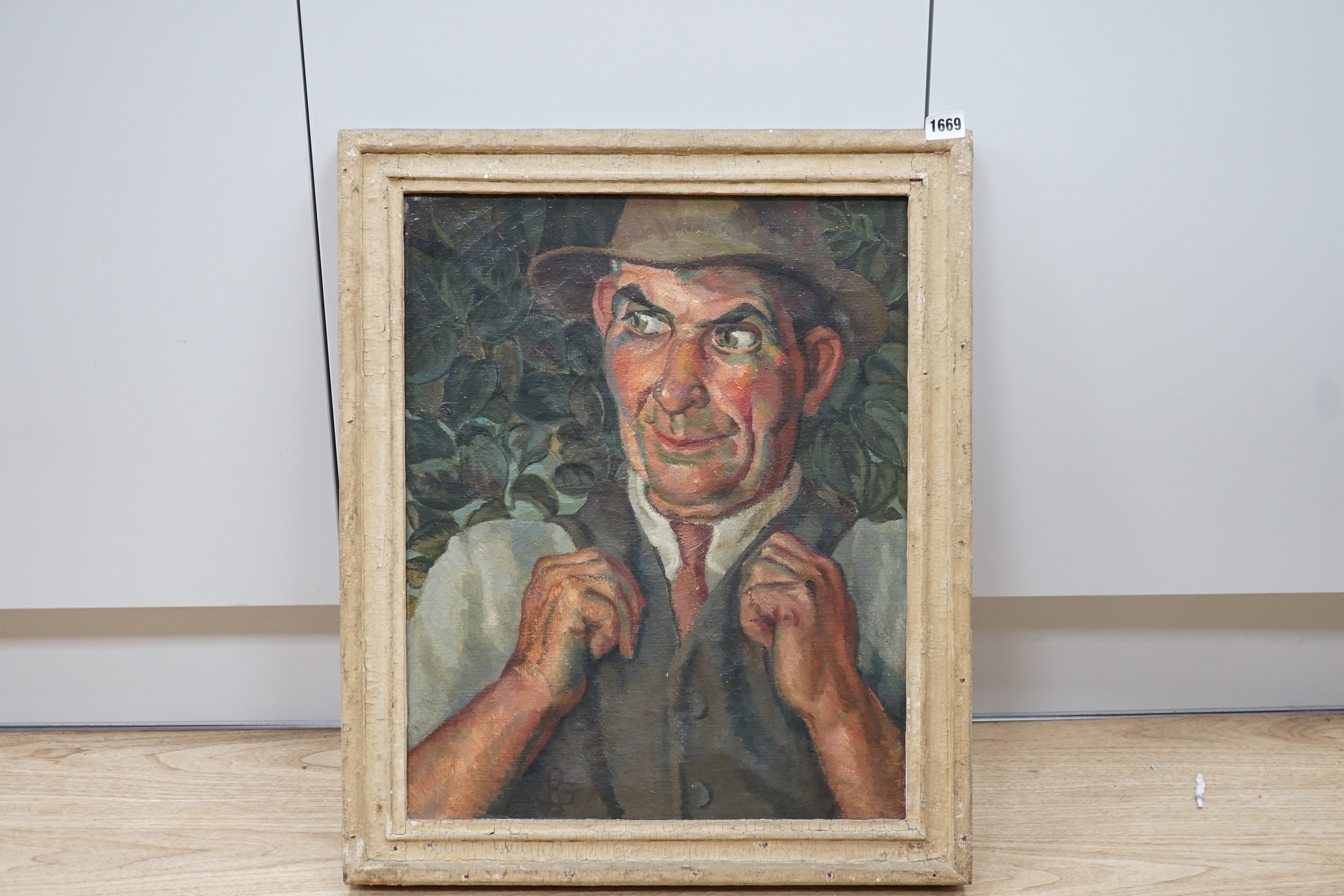 Rowena Grafton, 20th century modern, oil on canvas, The Gardener, monogrammed, 50 x 40cm